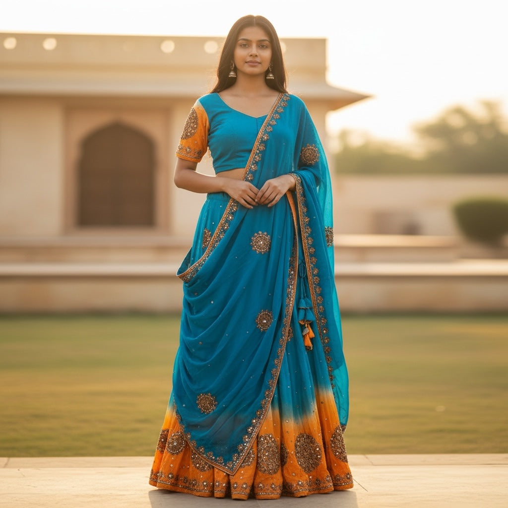 Vintage Orange & Ocean Blue Silk Lehenga set
