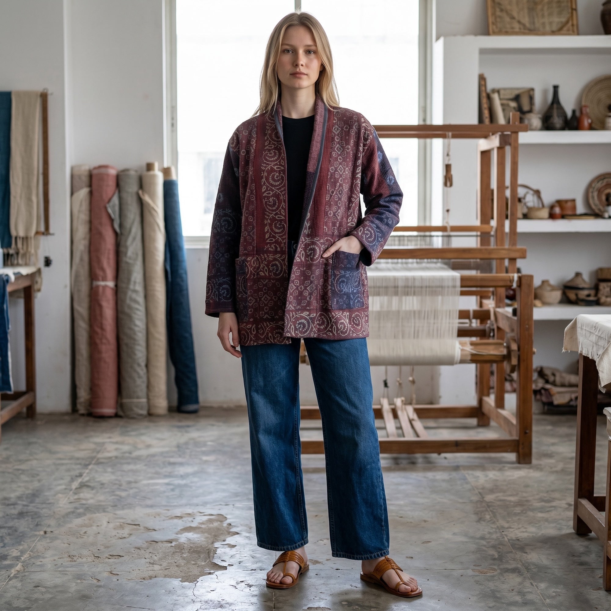 Indigo Cotton Kantha Quilted Jacket - Vintage India NYC