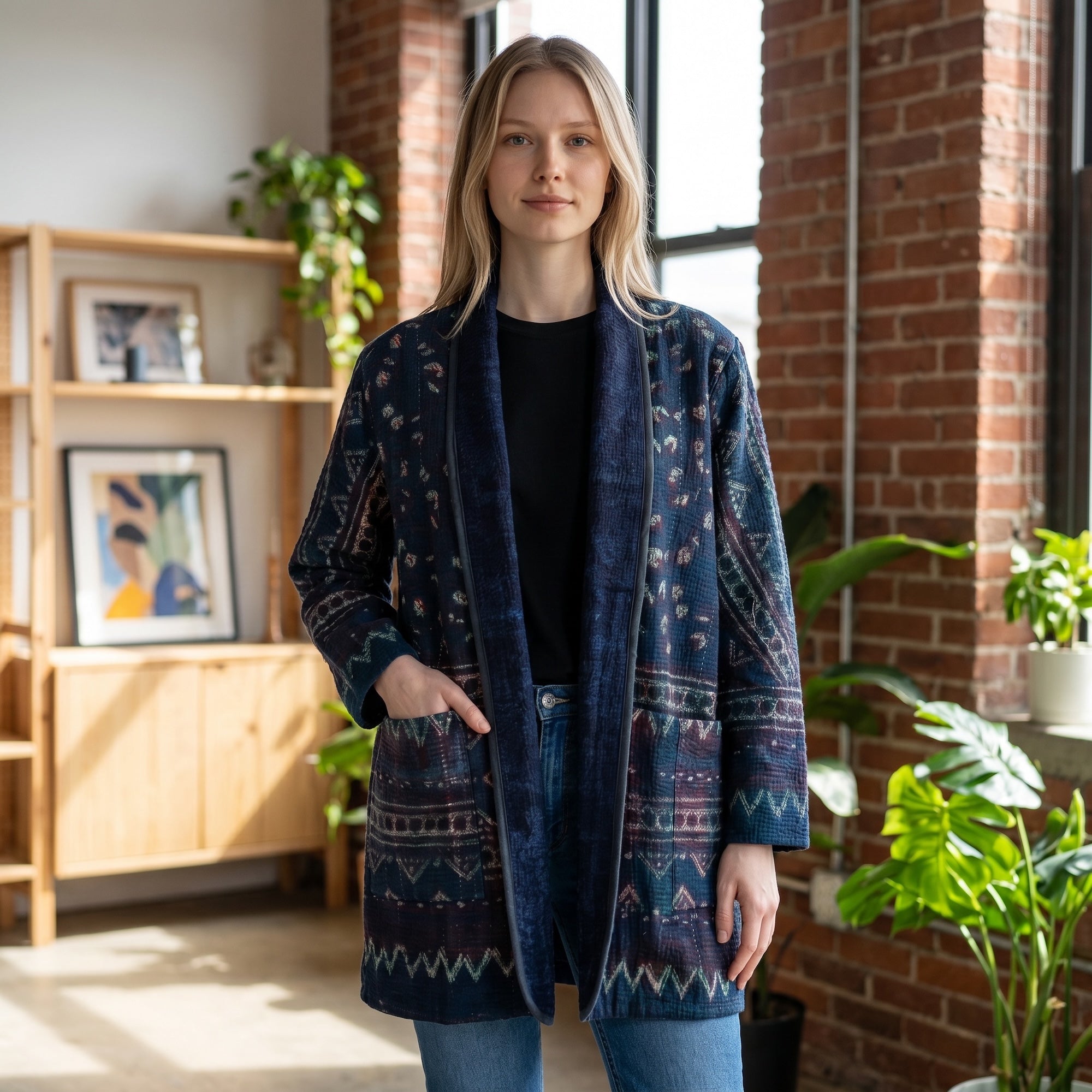 Indigo Cotton Kantha Quilted Jacket - Vintage India NYC