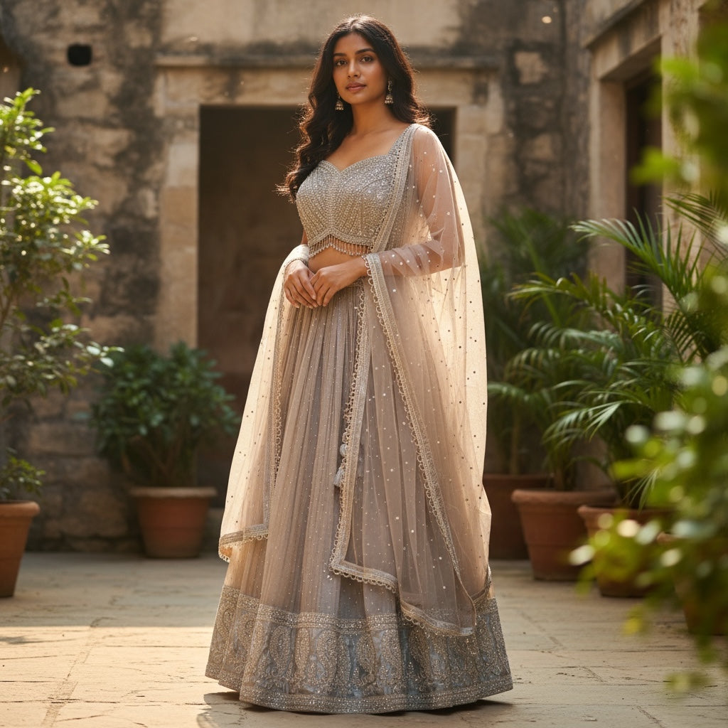 Iridescent Pale Blue Champagne Heavy Lehenga Set