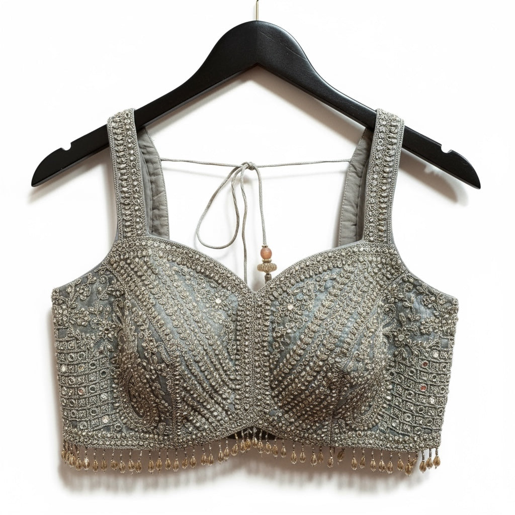 Iridescent Pale Blue Champagne Heavy Lehenga Set