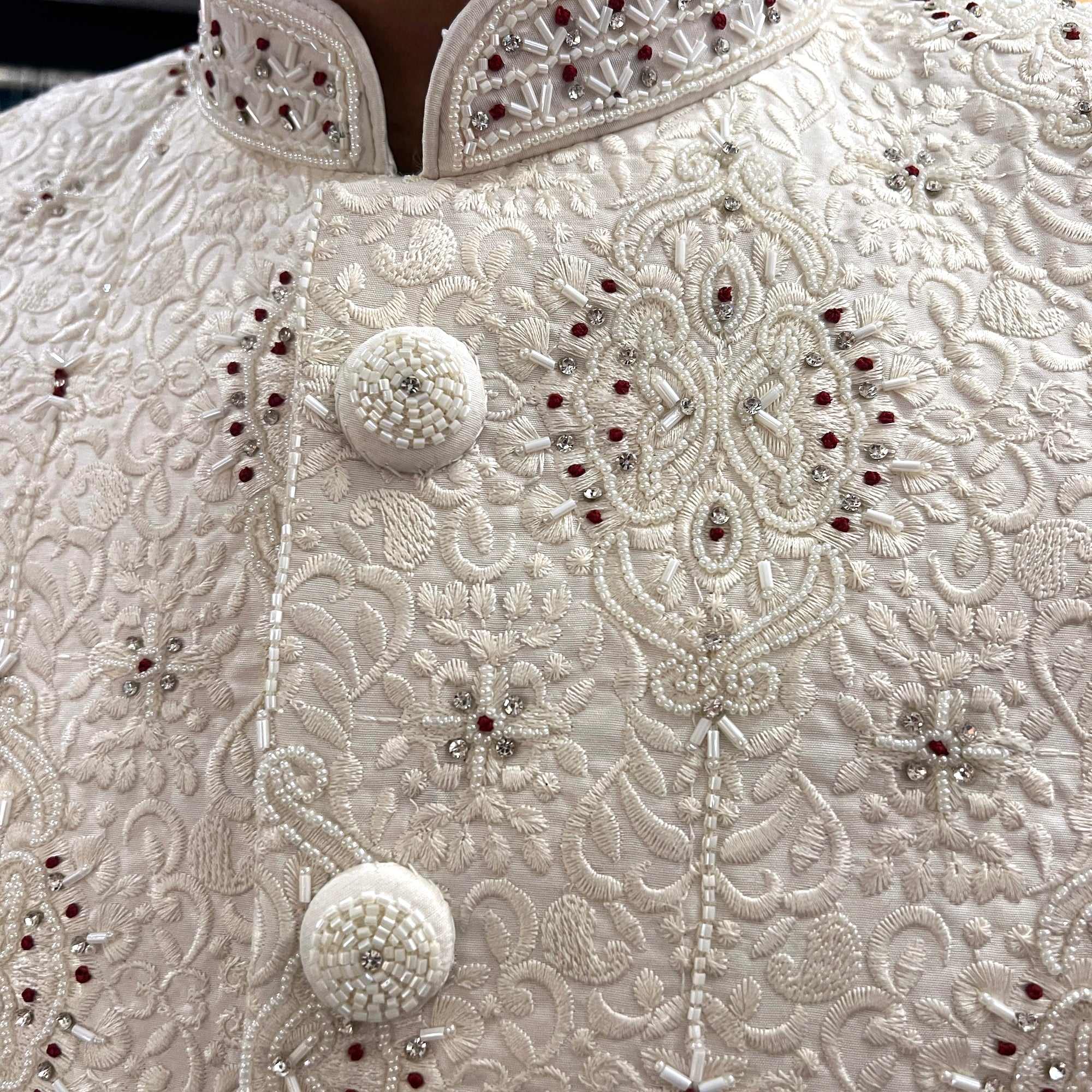 Ivory Pearl Heavy Embroidered Groom Sherwani - Vintage India NYC