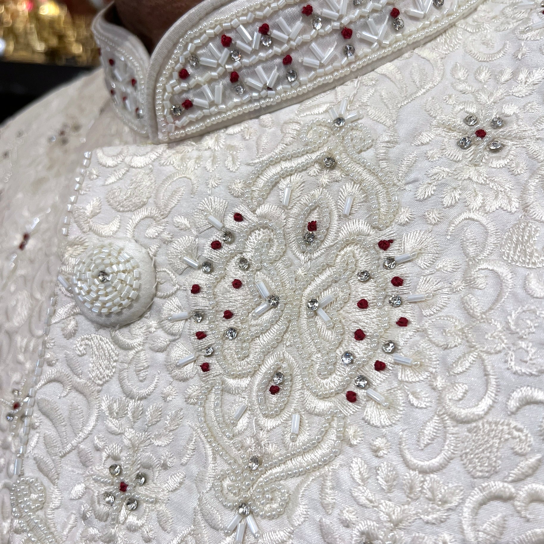 Ivory Pearl Heavy Embroidered Groom Sherwani - Vintage India NYC