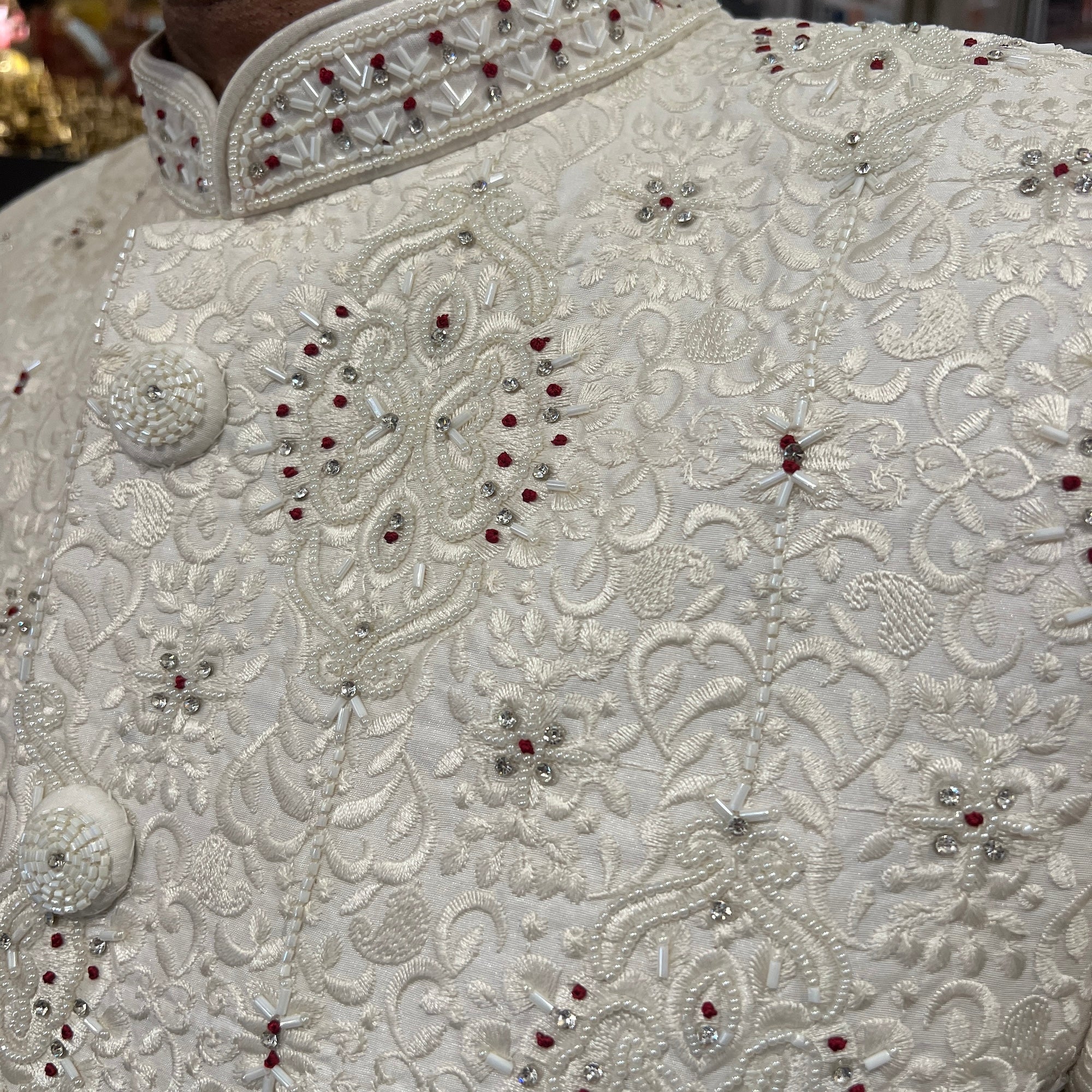 Ivory Pearl Heavy Embroidered Groom Sherwani - Vintage India NYC