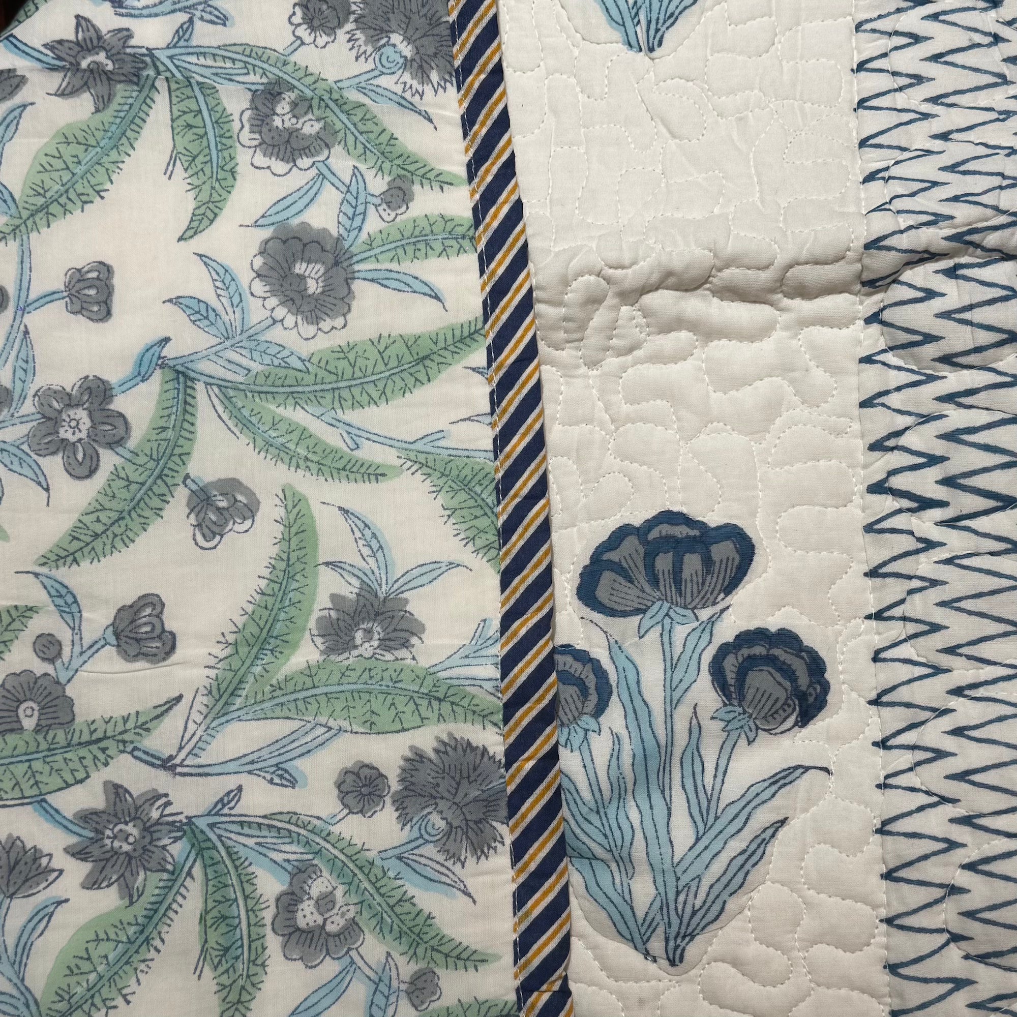 Cotton Reversible Queen Quilt -Light Blue Sea Green - Vintage India NYC