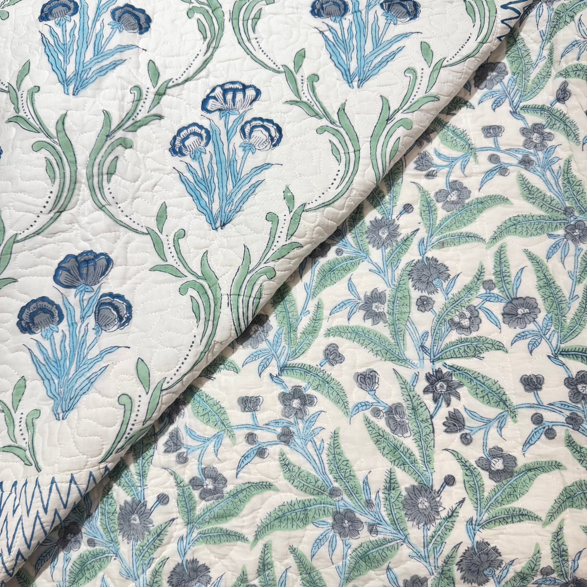 Cotton Reversible Queen Quilt -Light Blue Sea Green - Vintage India NYC
