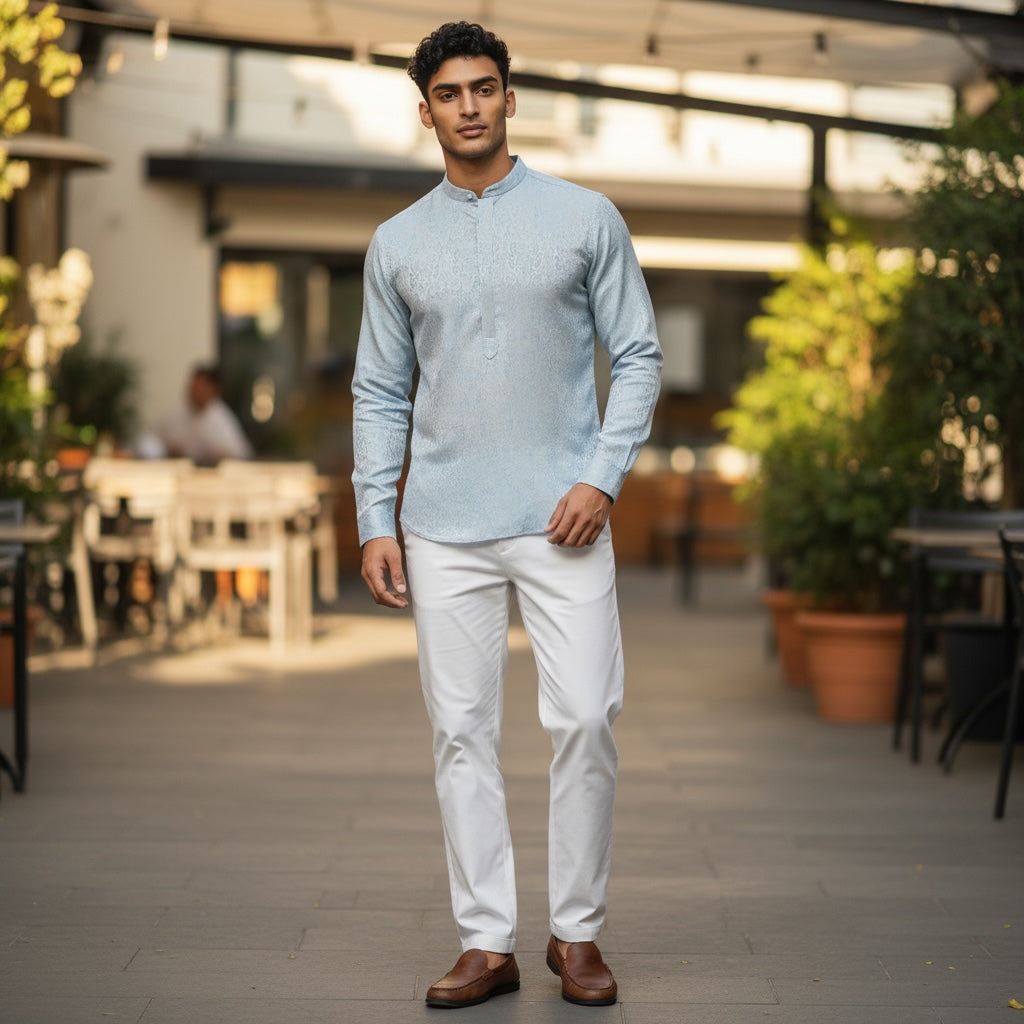 Woven Pattern Band Collar Short Kurta-  Colors