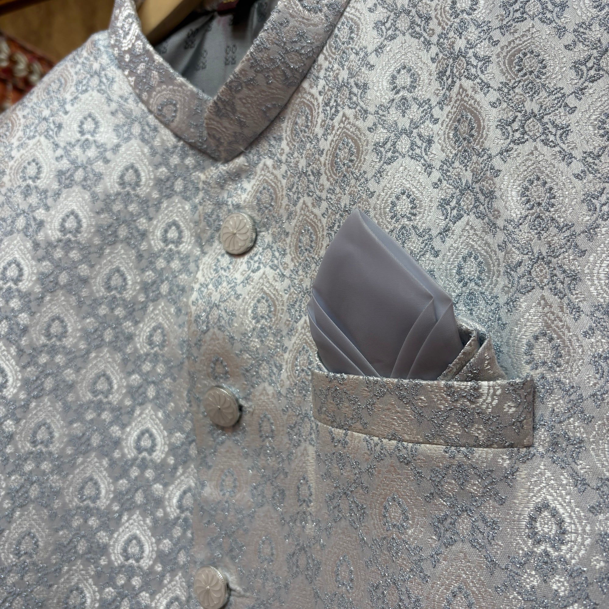 Lt Grey Ivory Blue Leaf Jodhpuri Jacket - Vintage India NYC