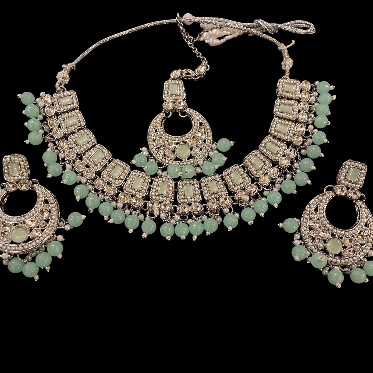 DT Silver Chandbali w/Square Stone Necklace Sets-Many Colors