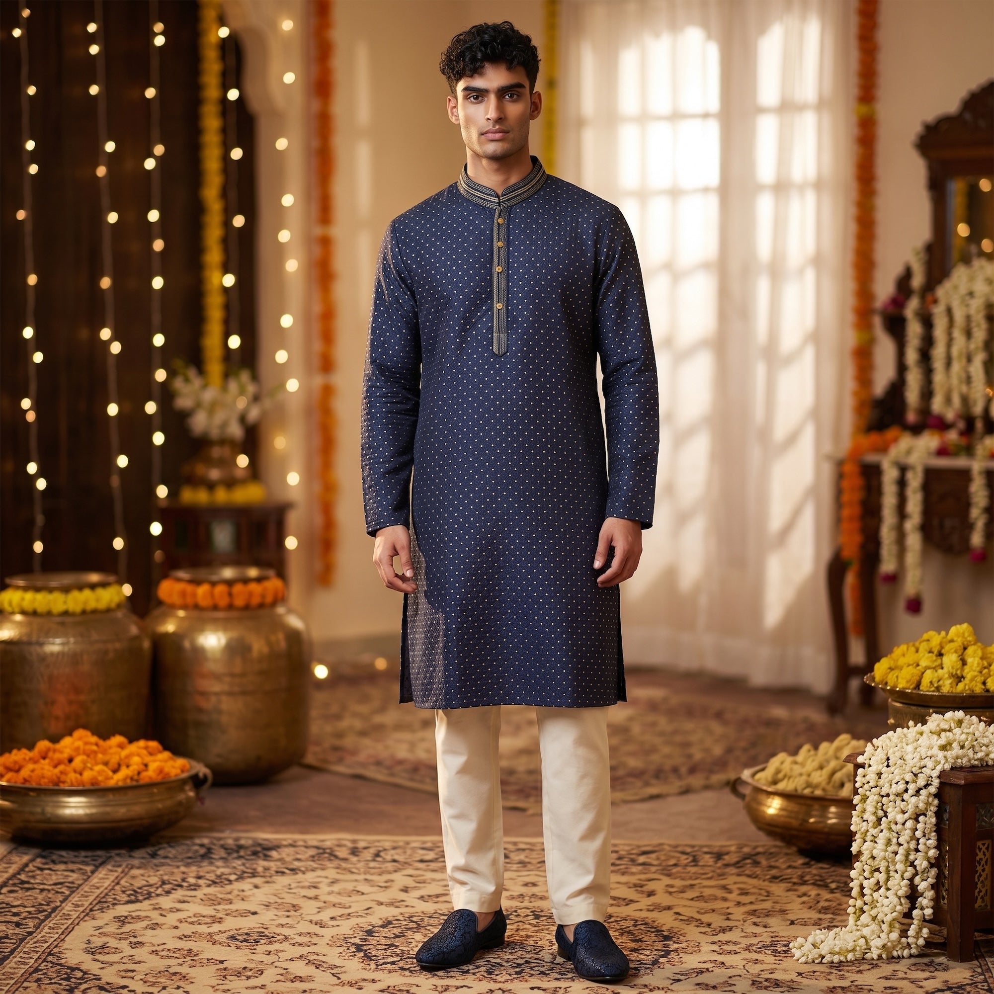 Navy Dot Brocade Kurta - Vintage India NYC