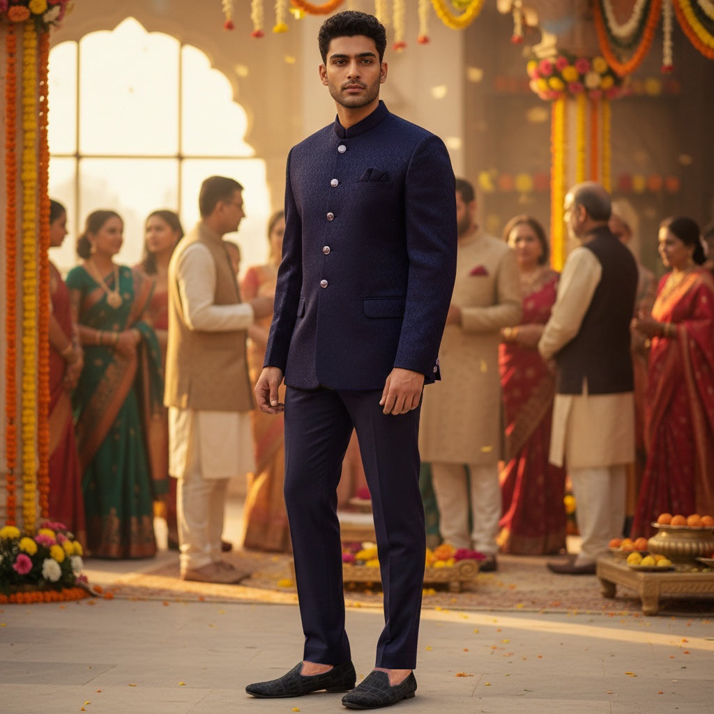 Navy Brushstroke Jodhpuri Jacket