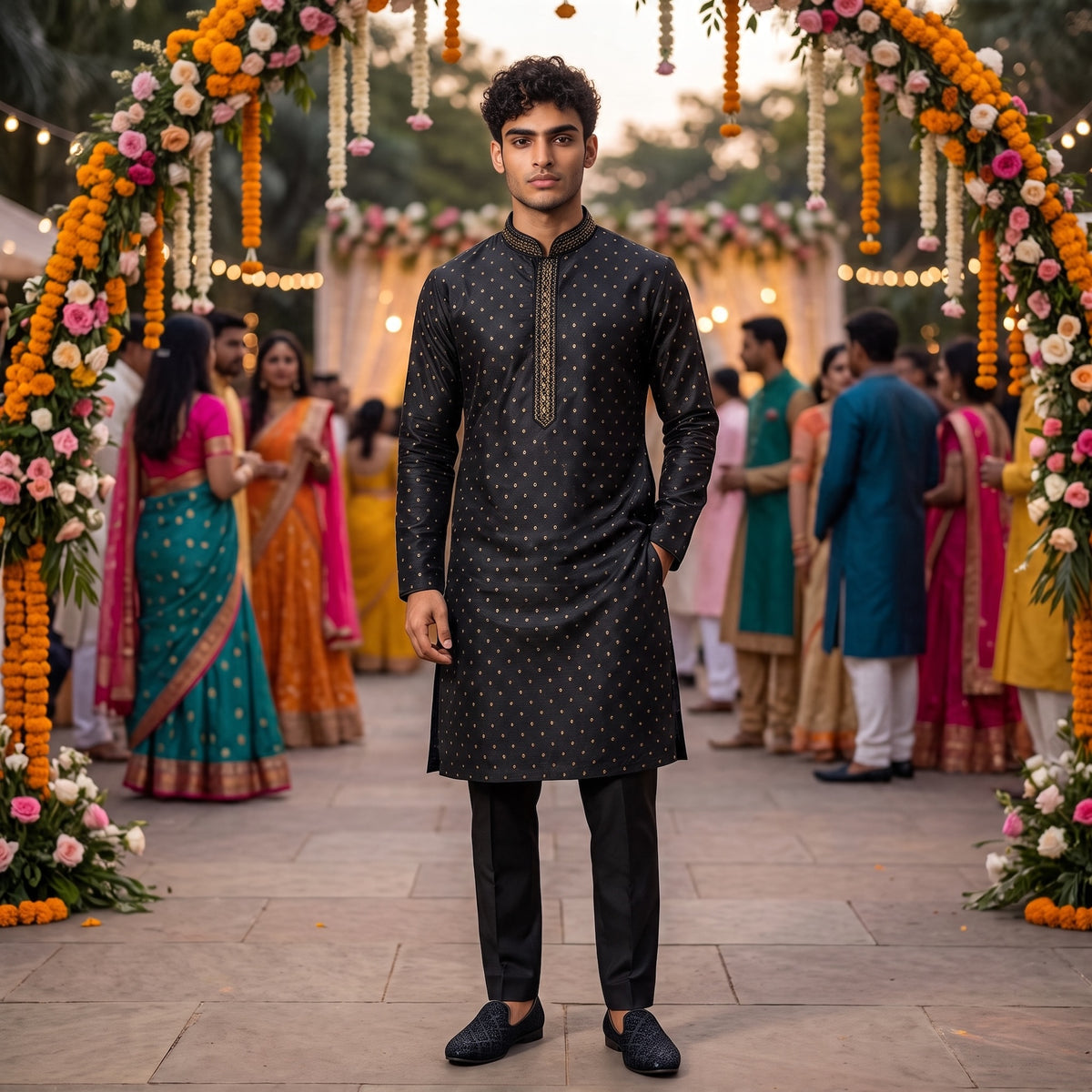 Navy Streaming Brocade Kurta - Vintage India NYC