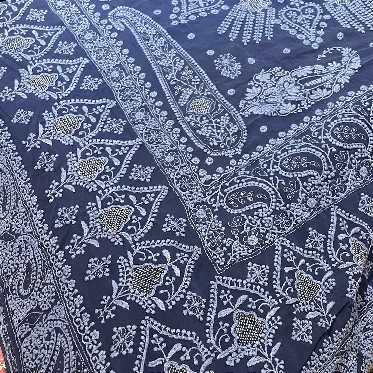Navy Silk Chikankari Embroidered Saree - Vintage India NYC