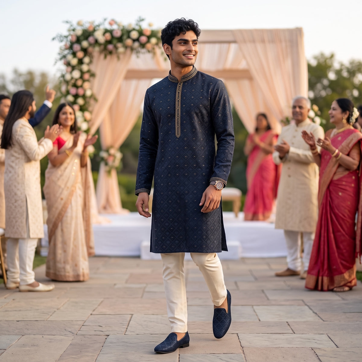Navy Diamond Honeycomb Kurta - Vintage India NYC
