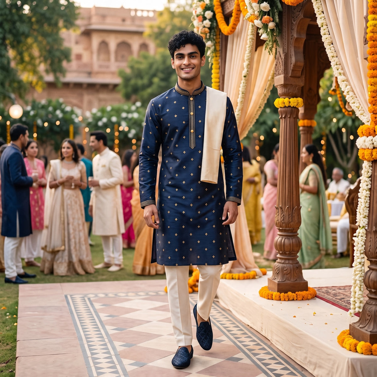 Navy Quadrafoil Kurta - Vintage India NYC