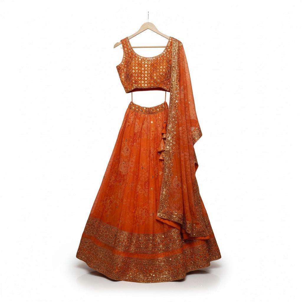 Orange Floral Lehenga Set - Vintage India NYC