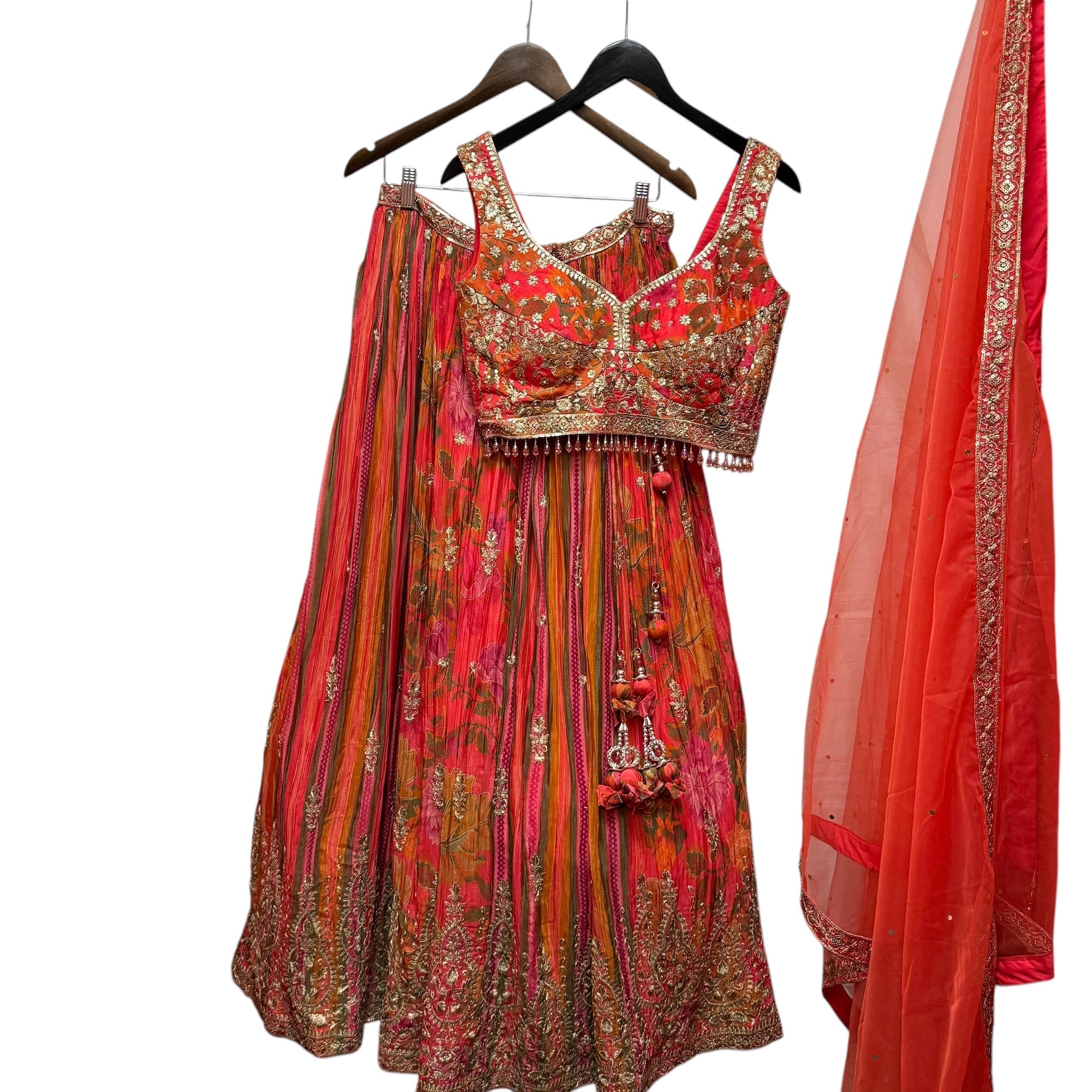 Orange Pink Embroidered Lehenga Set