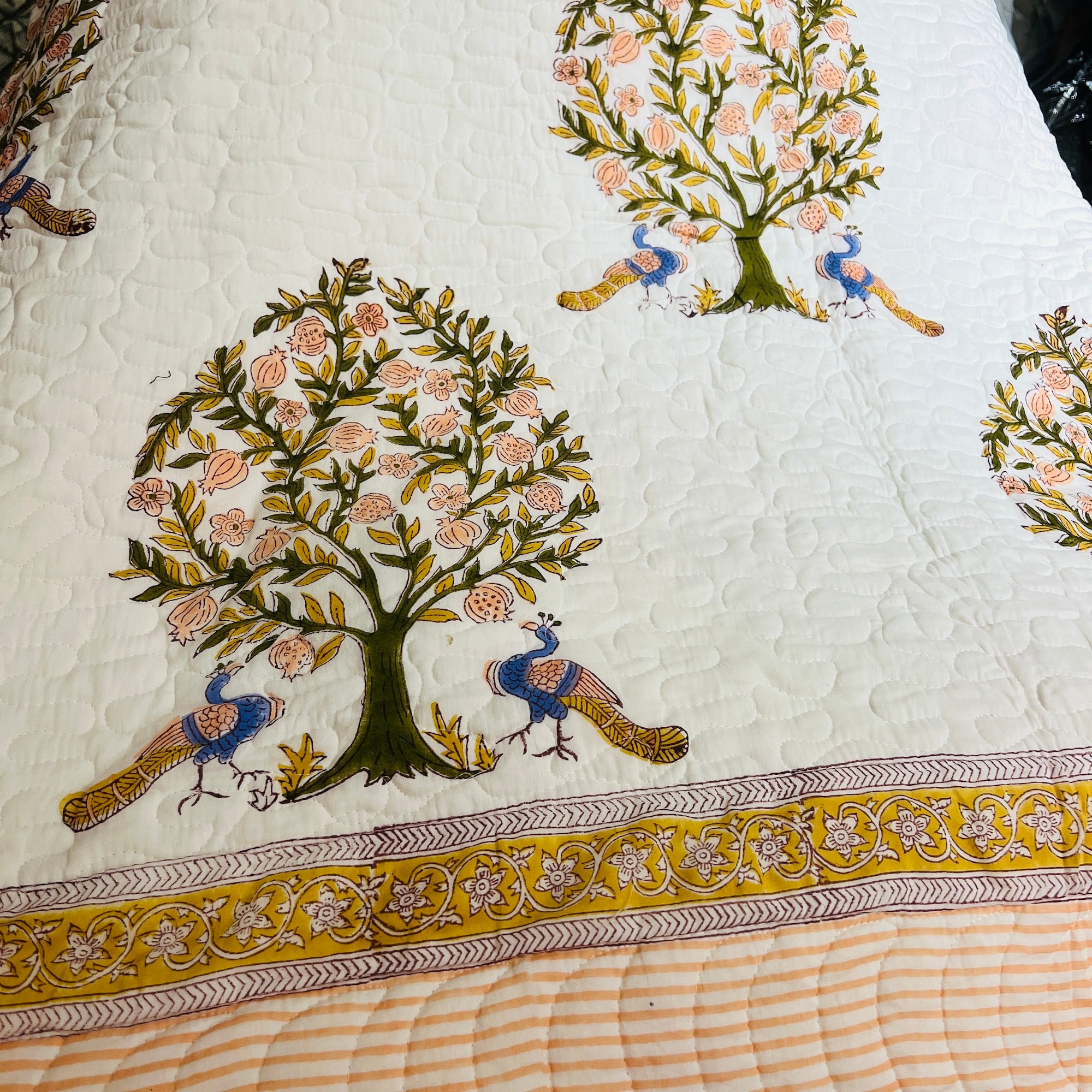 Peach & Olive Peacock Queen Quilt - Vintage India NYC