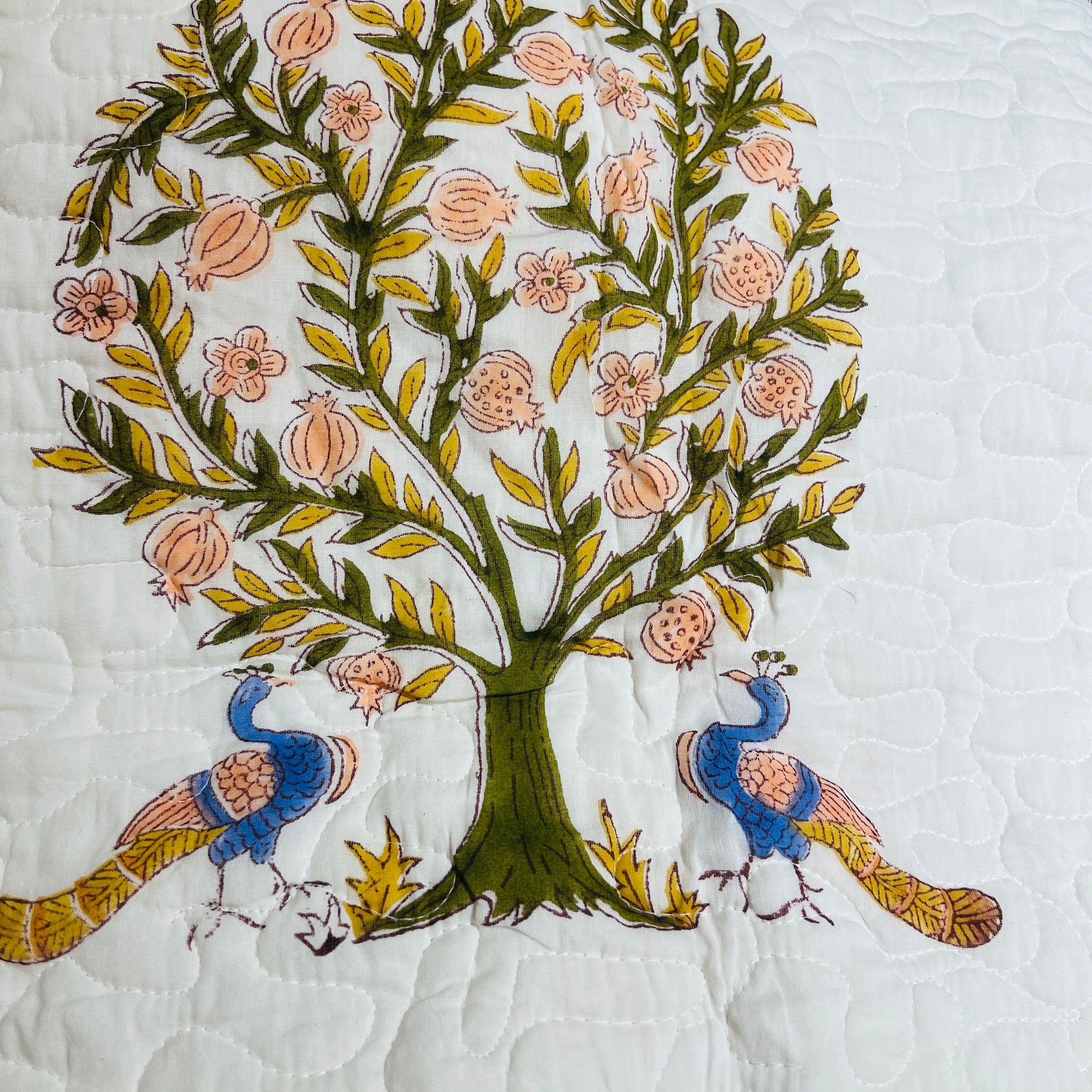 Peach & Olive Peacock Queen Quilt - Vintage India NYC