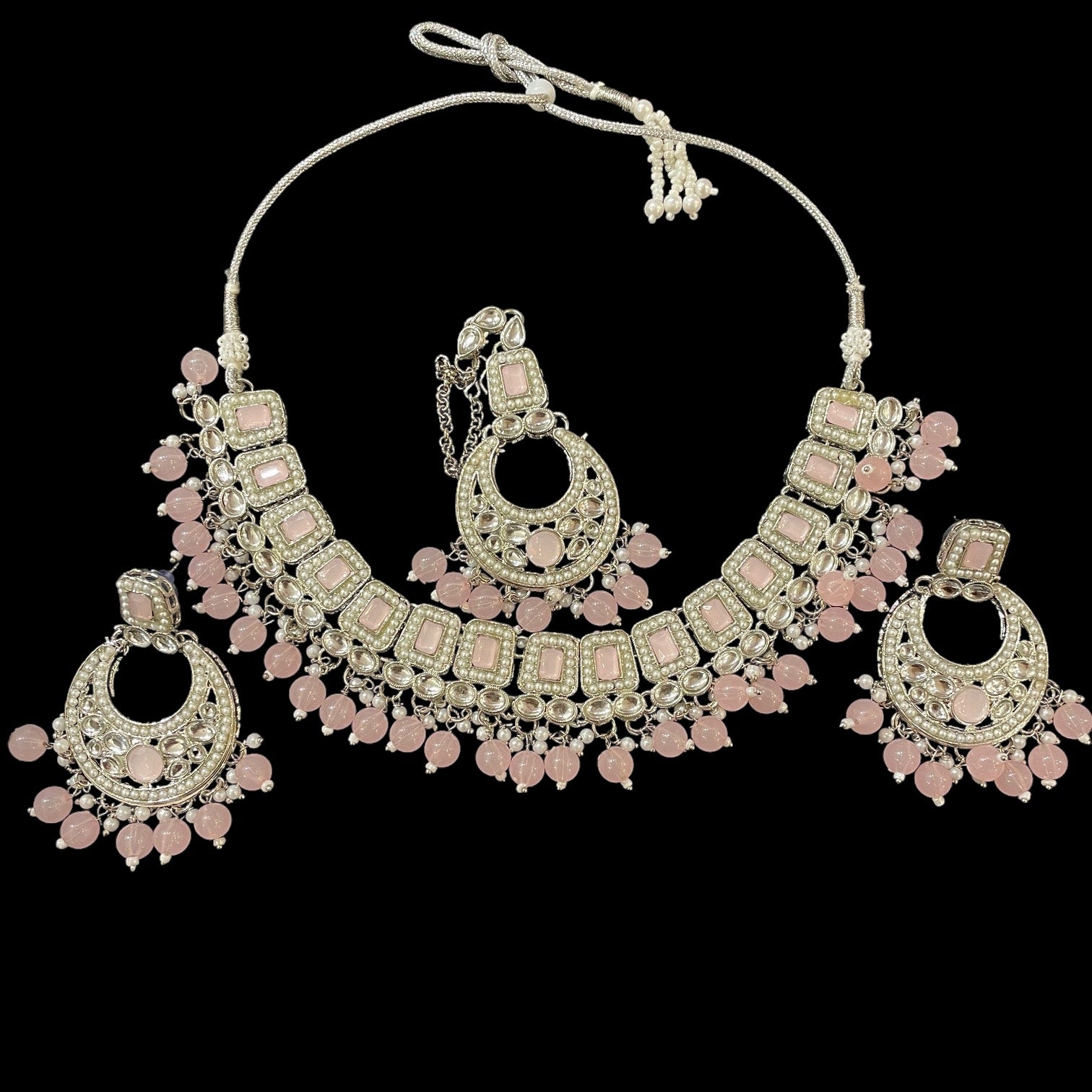 Silver Square Stone Chandbali Necklace Set-2 Colors