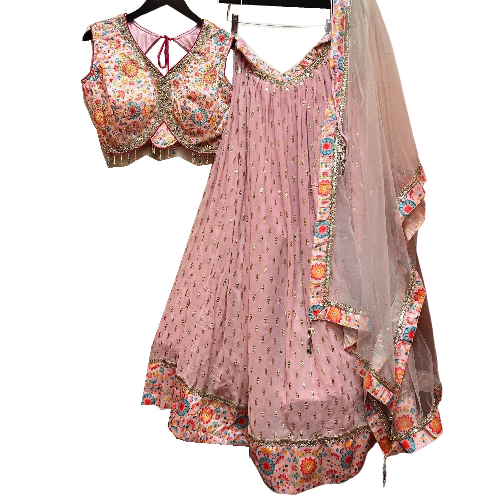 Georgette Lehenga Set w/Floral Print Blouse-2 Colors