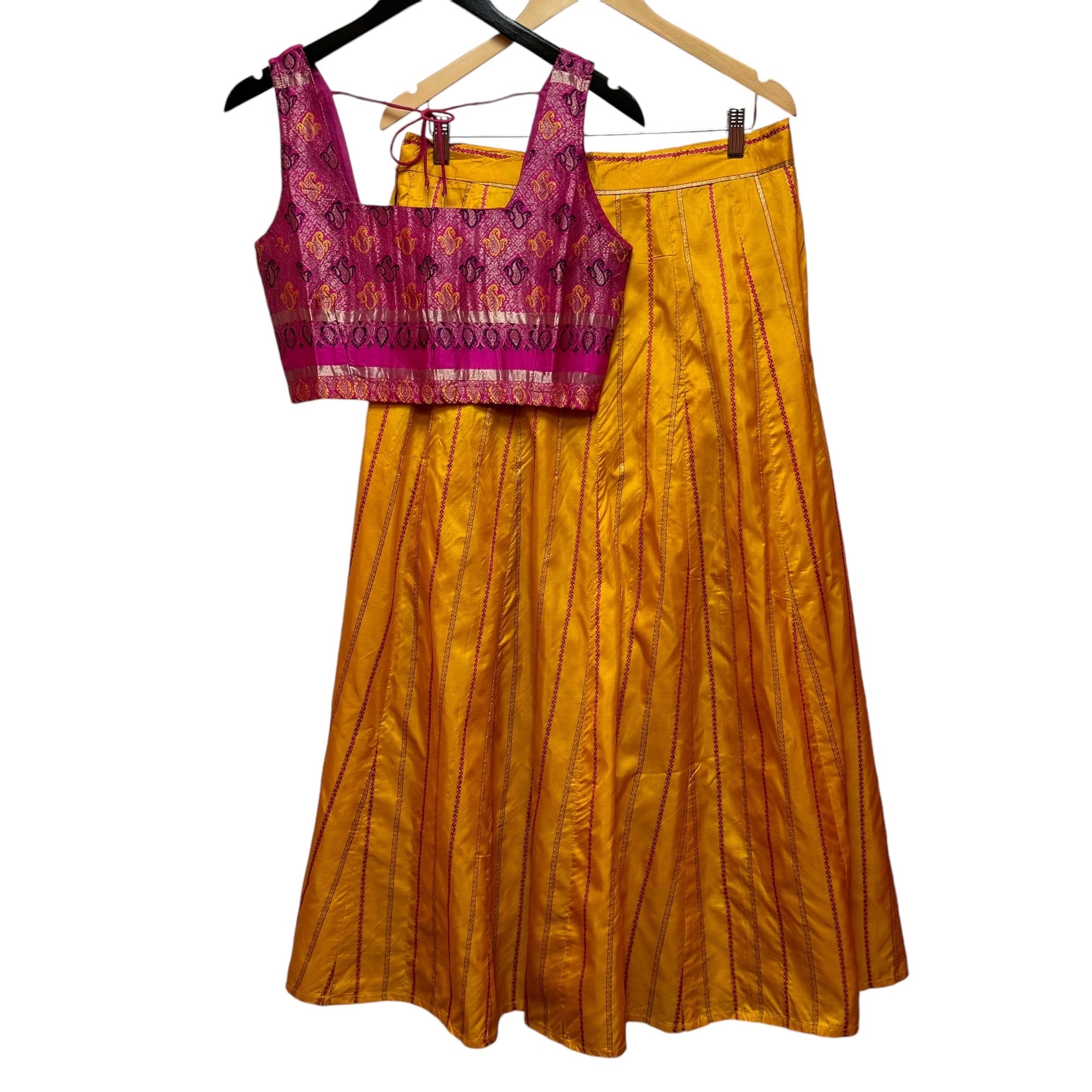 Pink & Marigold Silk Lehenga Set-Size 32-33