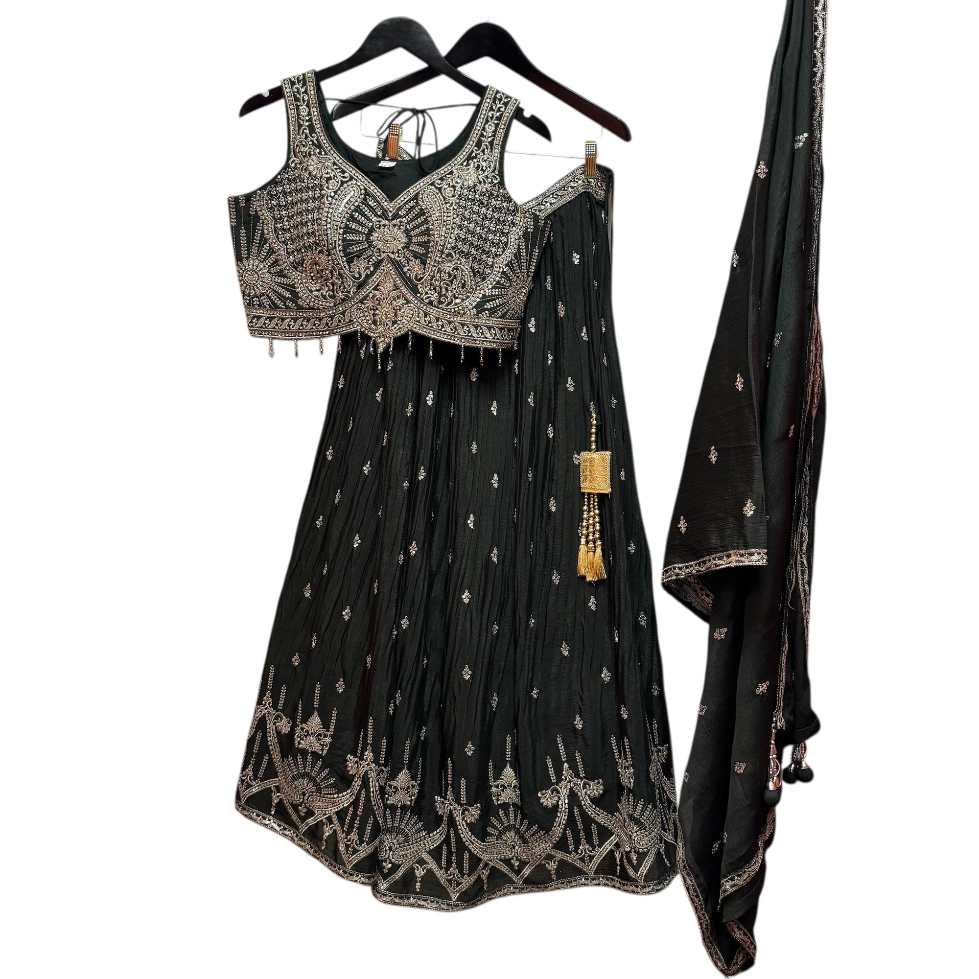 Dark Olive Embroidered Georgette Lehenga Set
