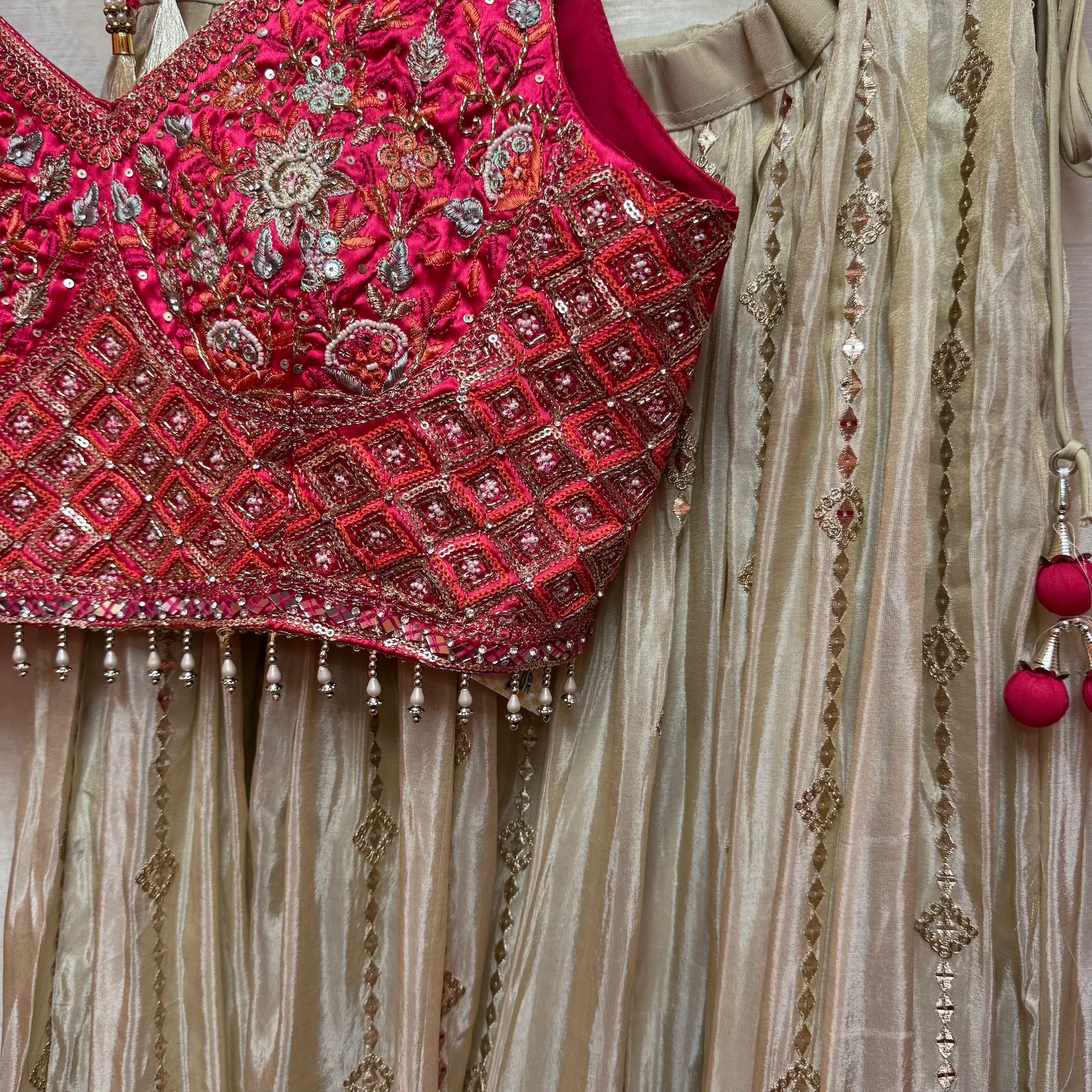 Bright Pink & Gold Embroidered Lehenga Set
