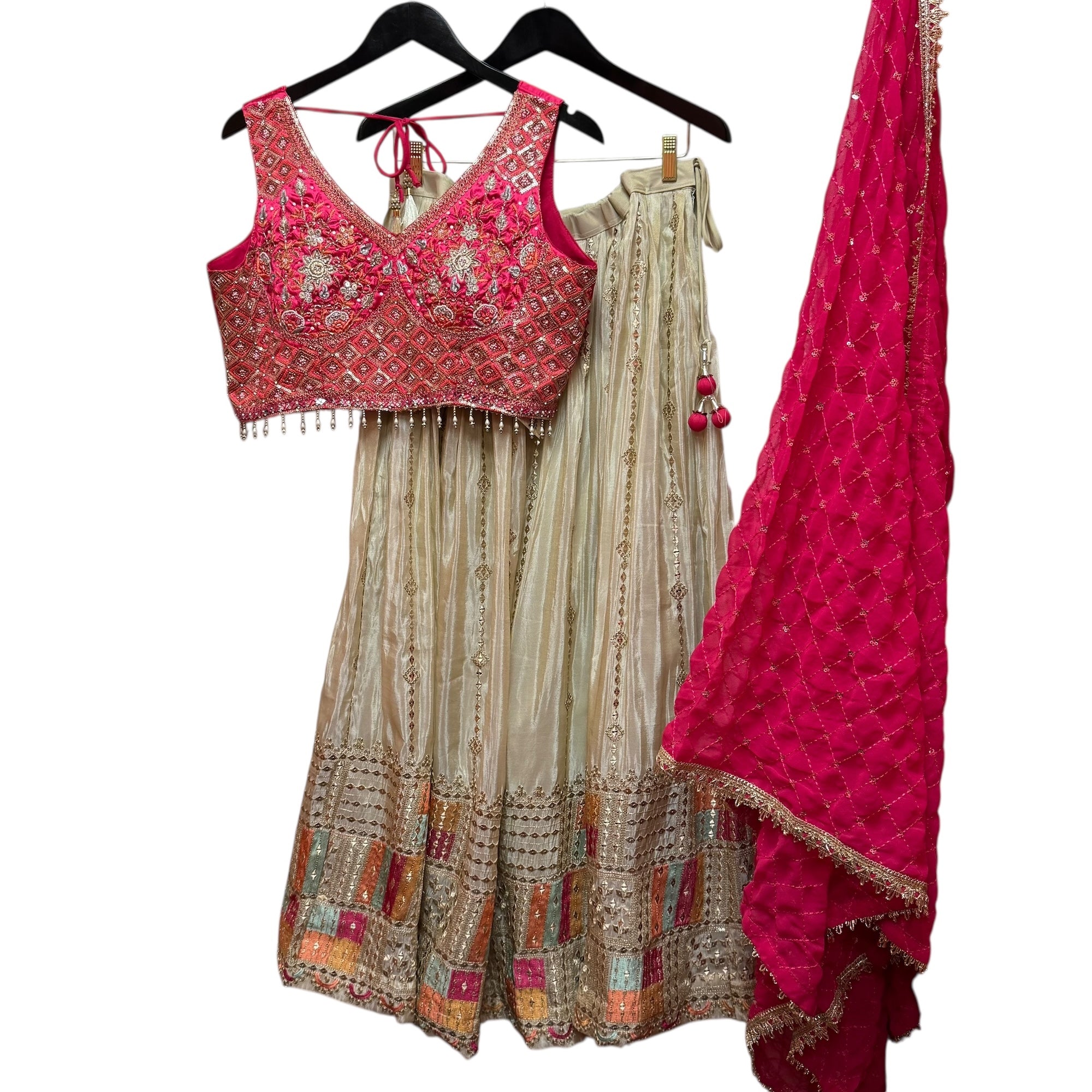 Bright Pink & Gold Embroidered Lehenga Set
