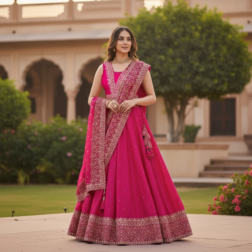 Light Gold Embroidered Lehengas-4 Colors