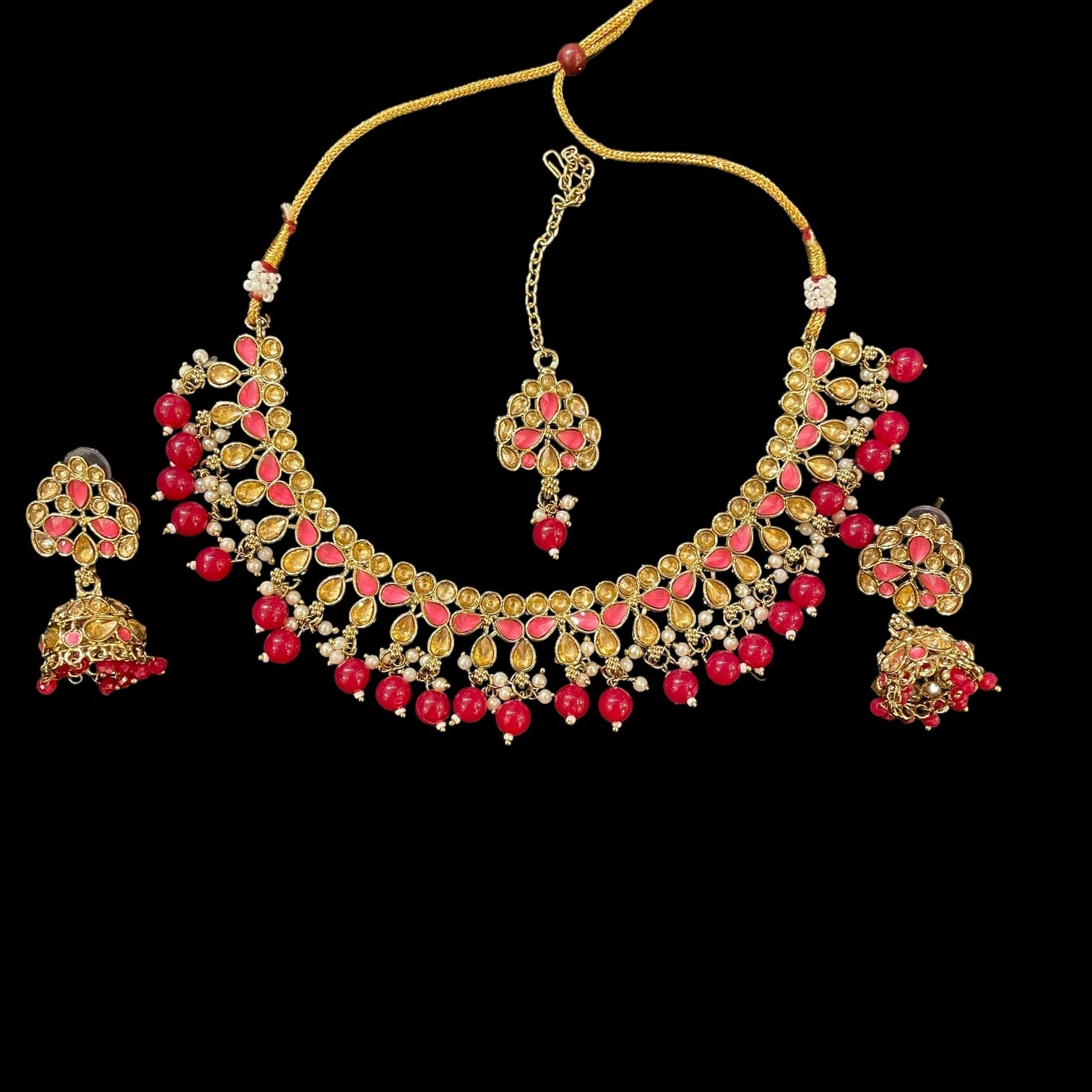 Rani 3 Flower Jhumka Necklace Set