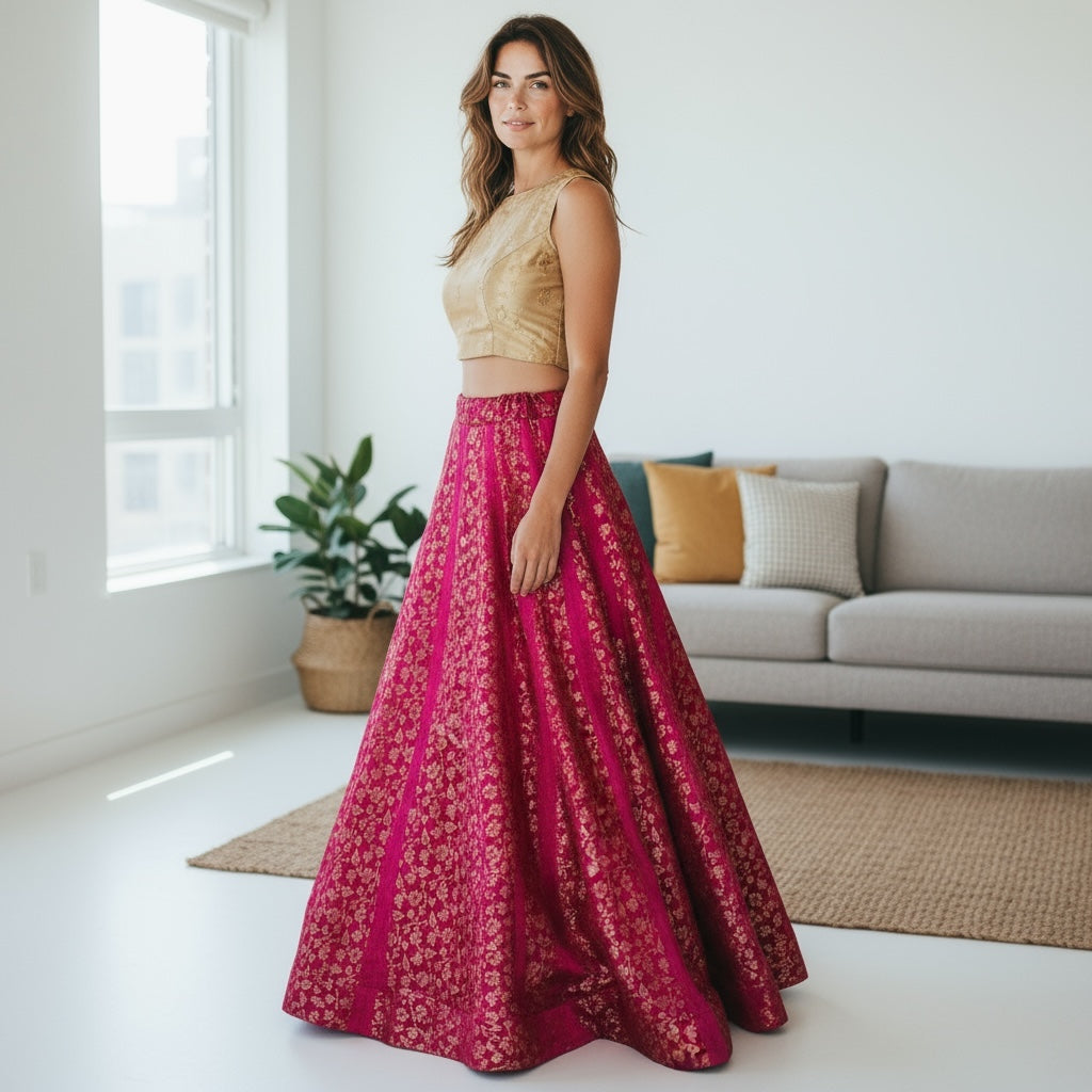 Sunflower Brocade Round Flower Lehengas - X Long-Colors - Vintage India NYC