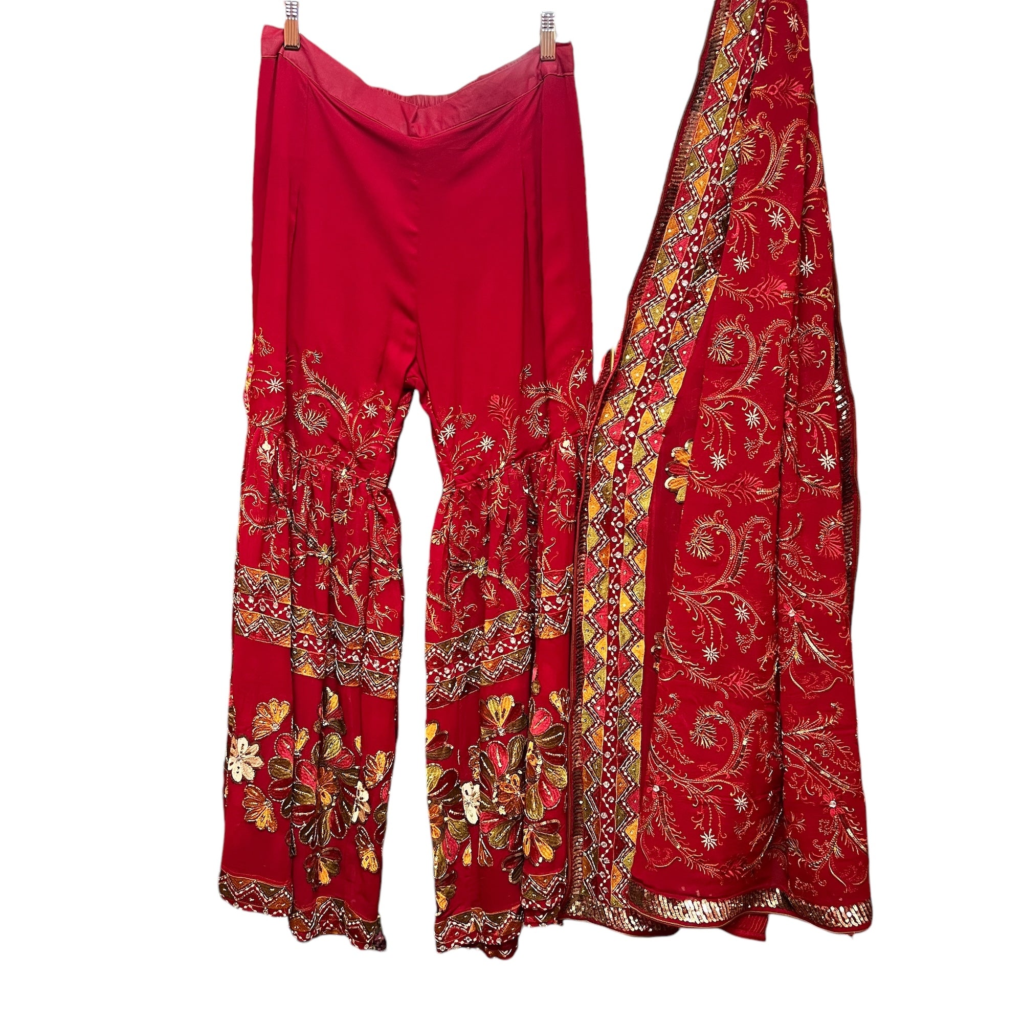 Handmade Red Embroidered Gharara Pants & Dupatta