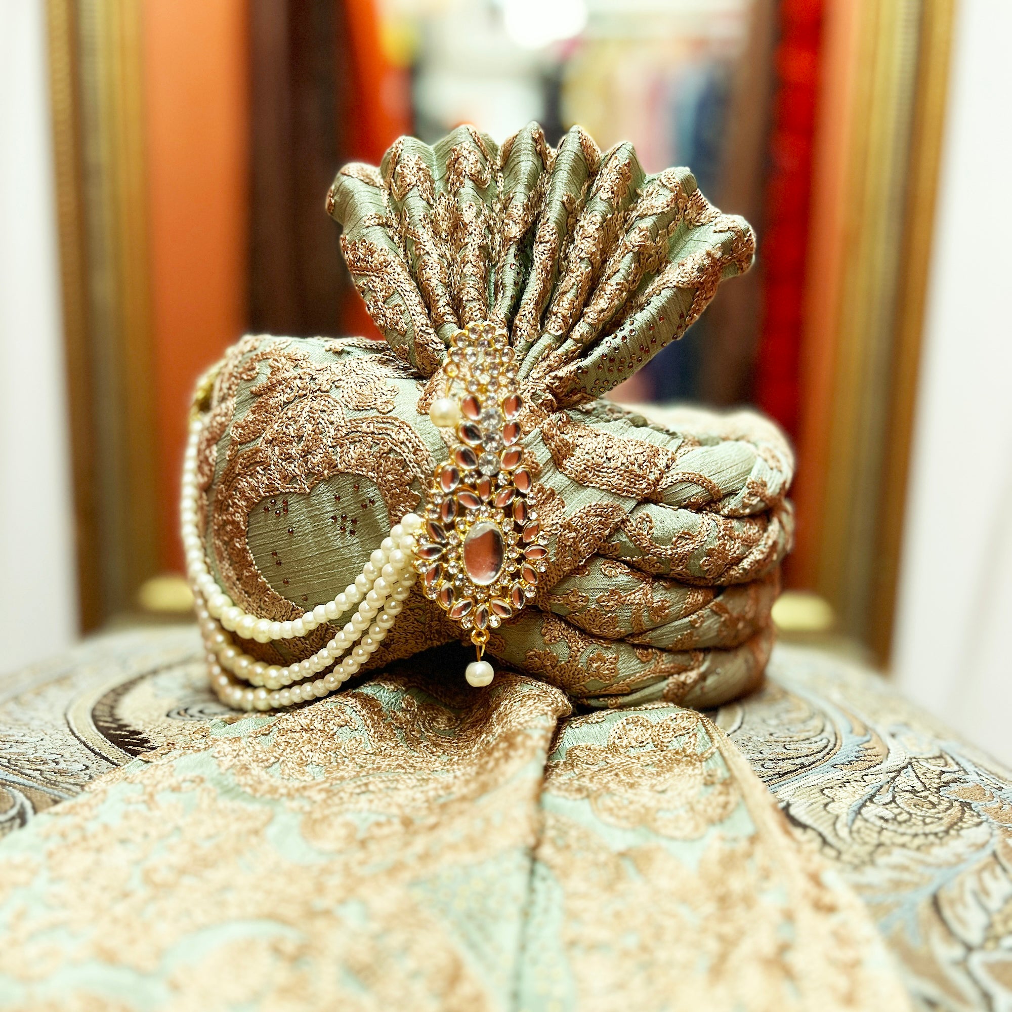 Sage & Gold Embroidered Pagadi Turban - Vintage India NYC