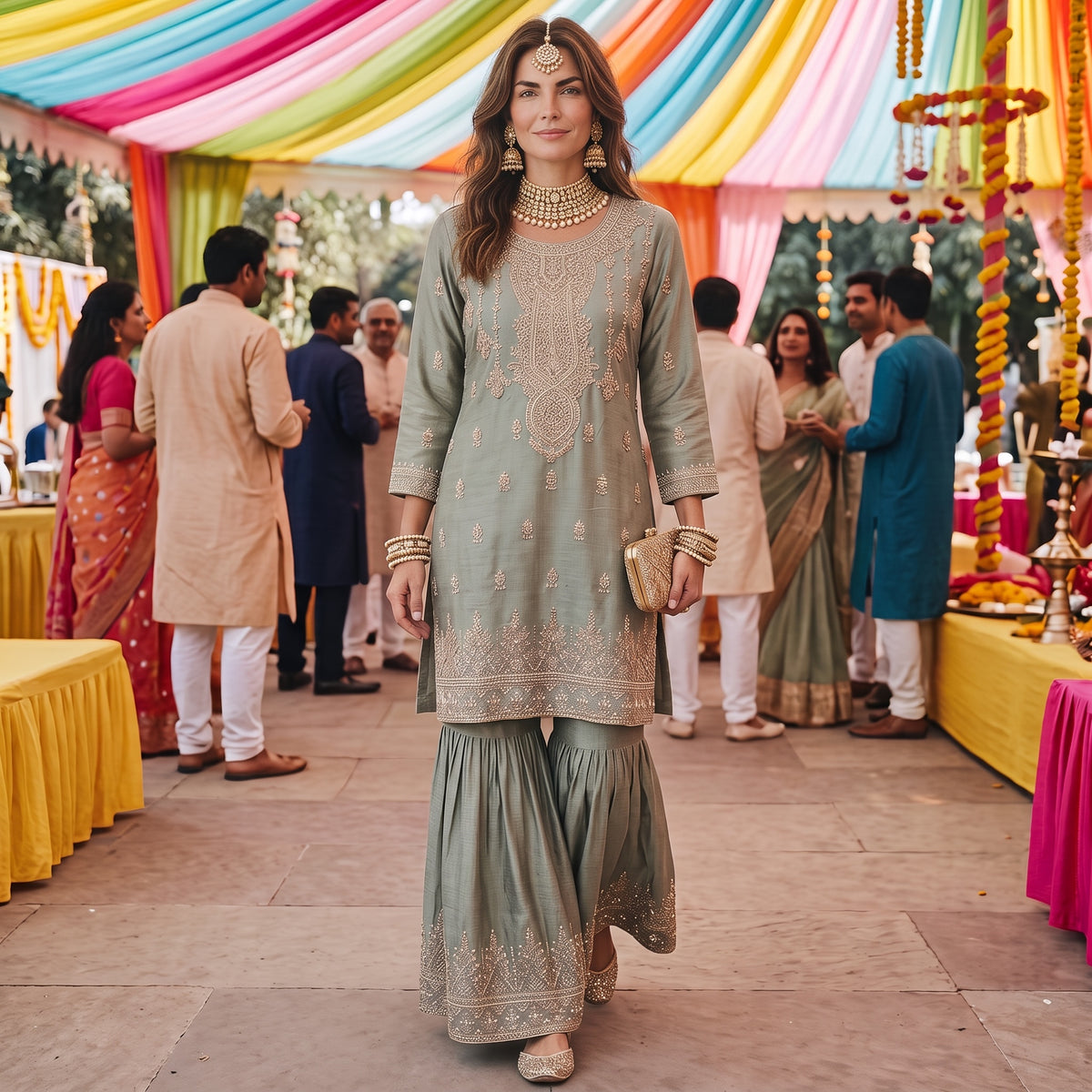 Sage Green Embroidered Gharara Set
