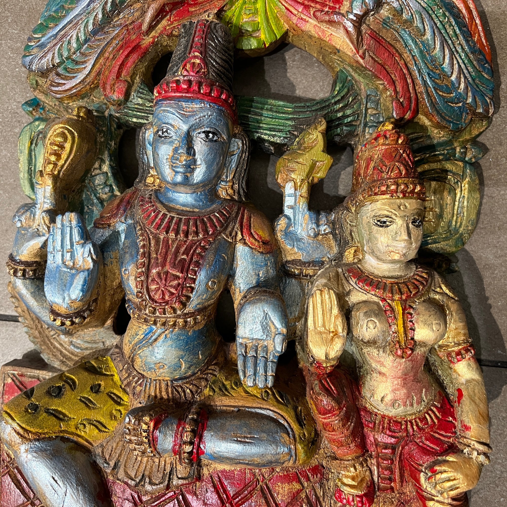 Wooden Shiva Parvati Statue - Vintage India NYC