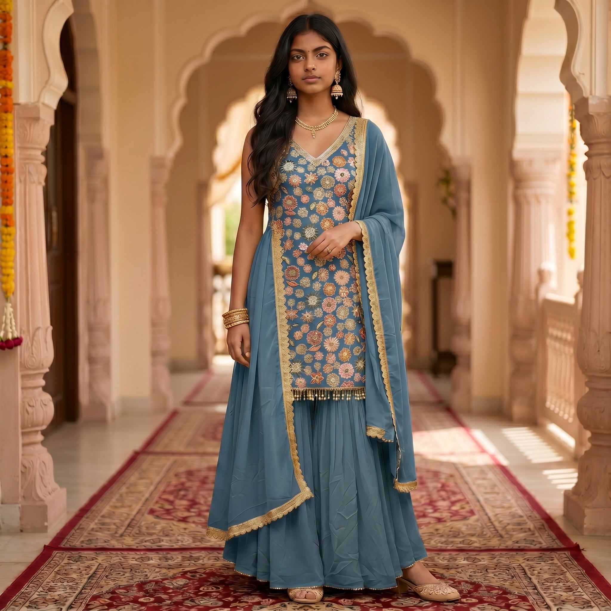 V Neck Embroidered Gharara Set-Colors - Vintage India NYC