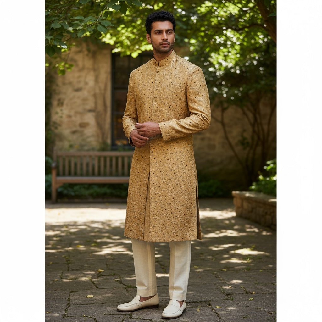 Tan Embroidered Sherwani - Vintage India NYC