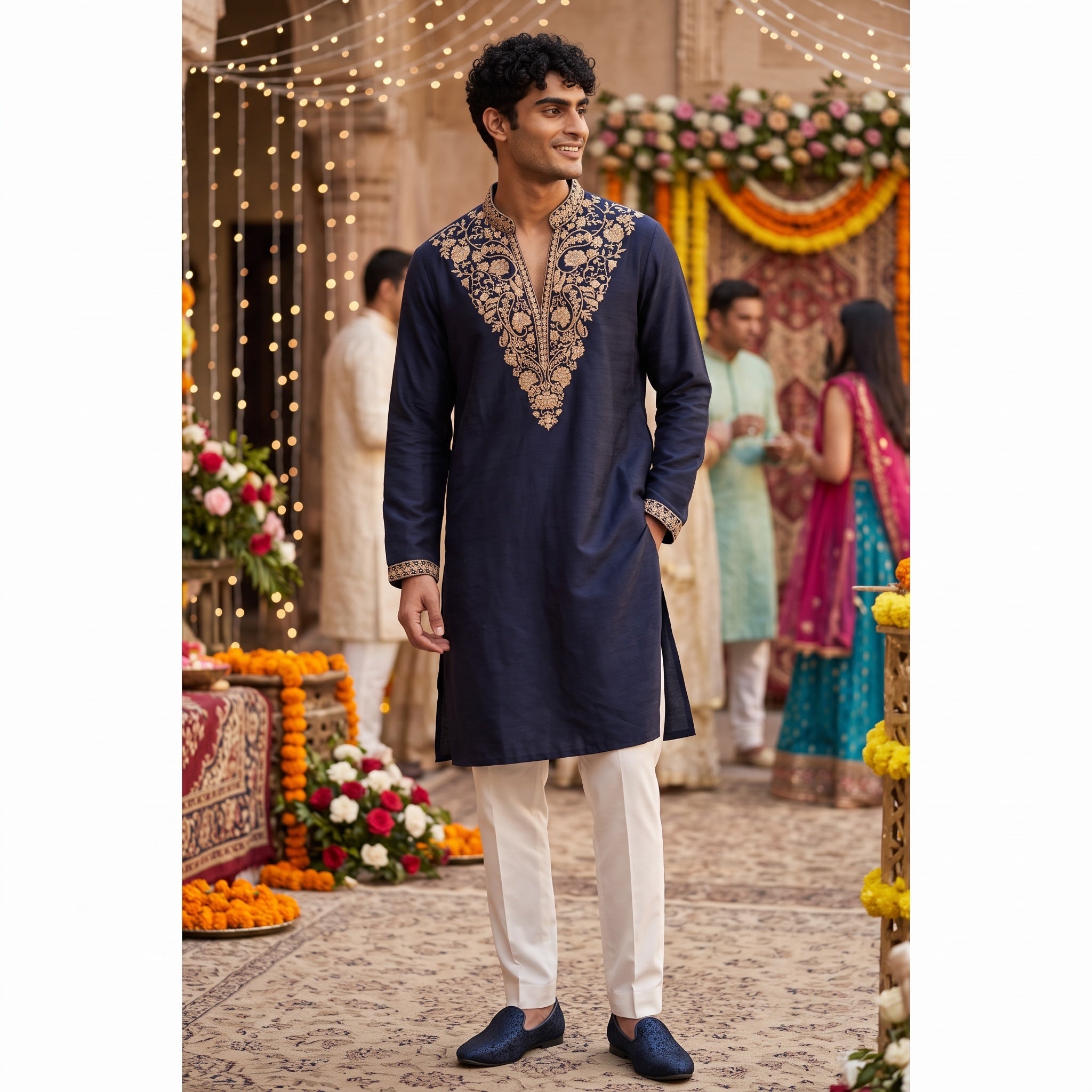 Navy V Neck Heavy Embroidered Kurta