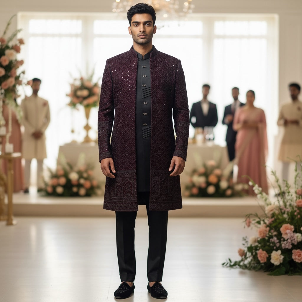 Heavywork Wine Indowestern Sherwani w/ Vest