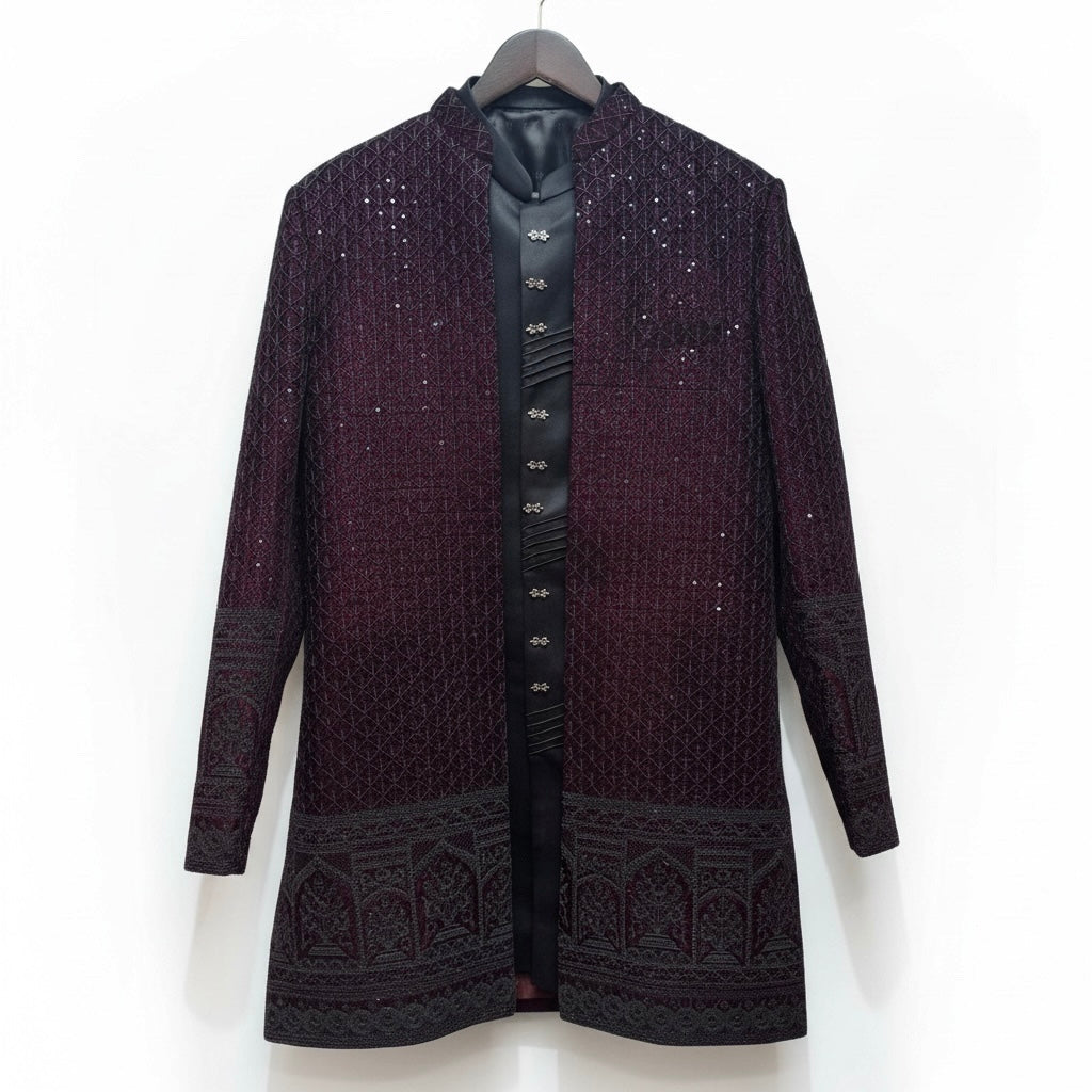 Heavywork Wine Indowestern Sherwani w/ Vest