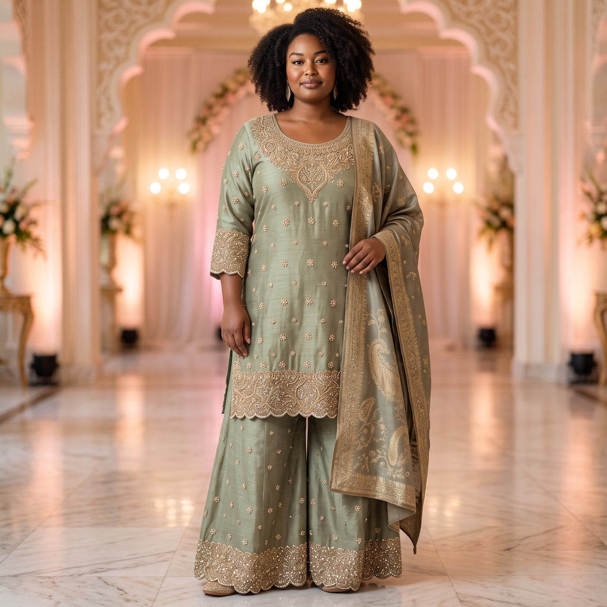 Agave Green Embroidered Sharara Set