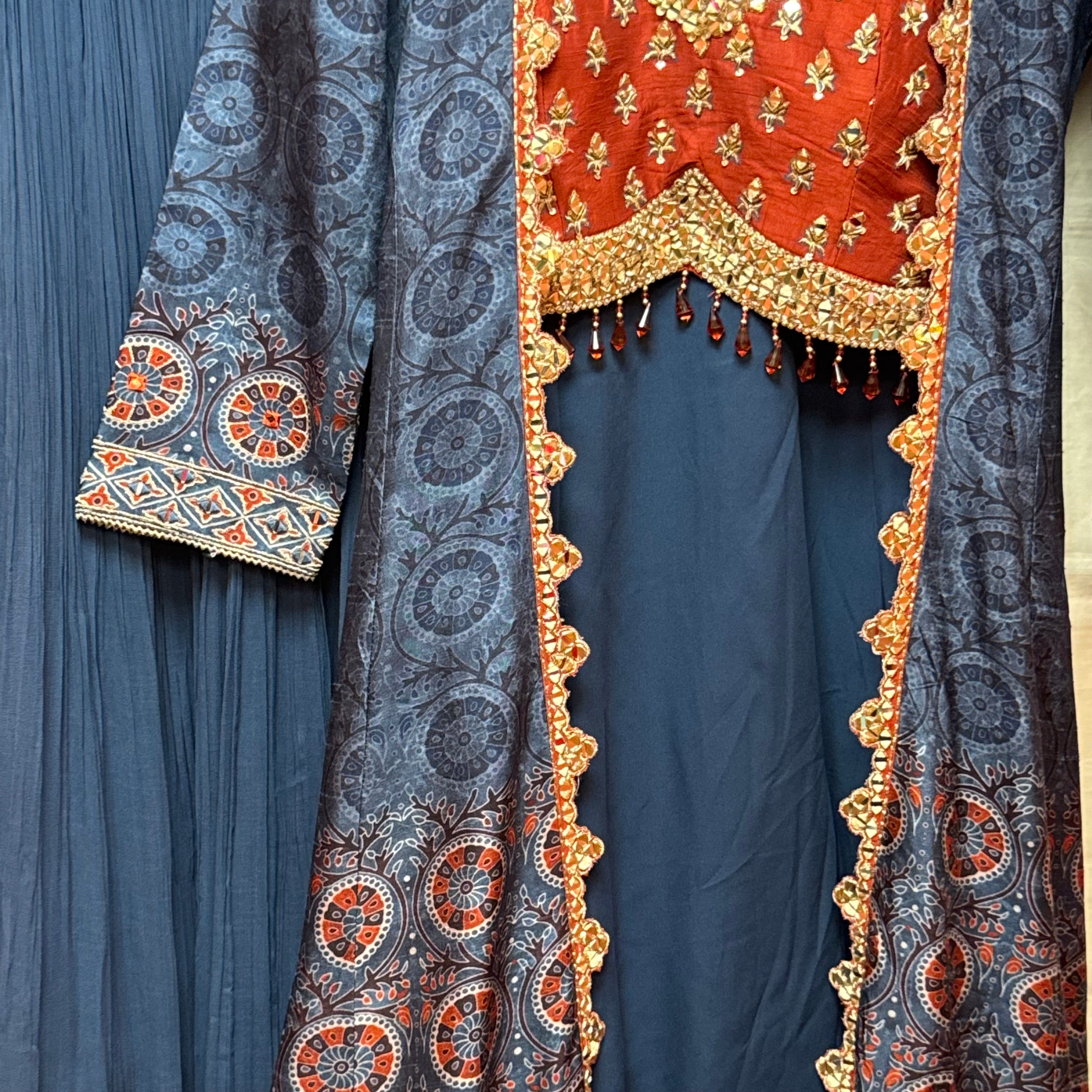 Ajrakh Print Long Jacket Lehenga Set