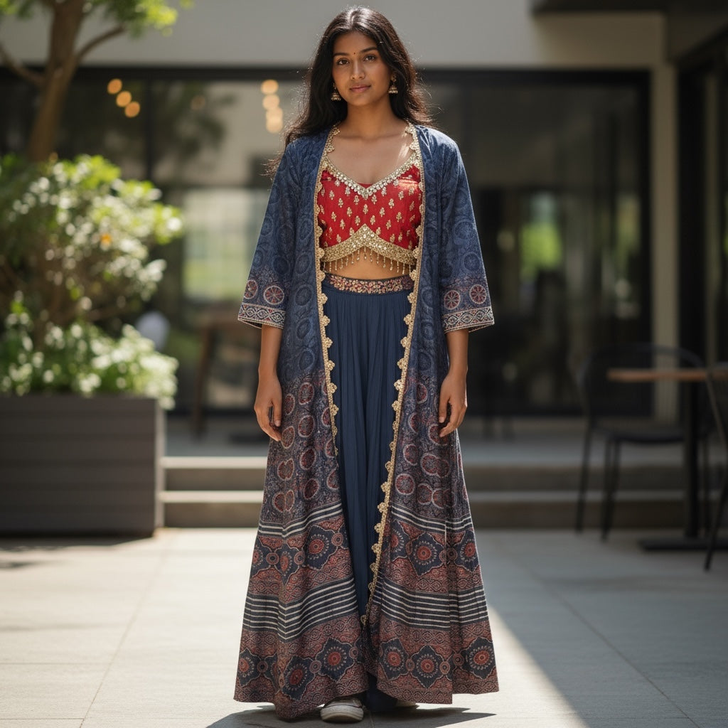 Ajrakh Print Long Jacket Lehenga Set
