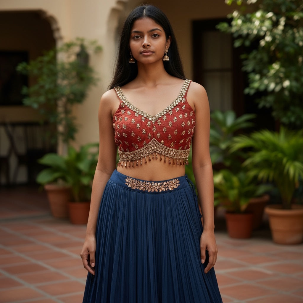 Ajrakh Print Long Jacket Lehenga Set