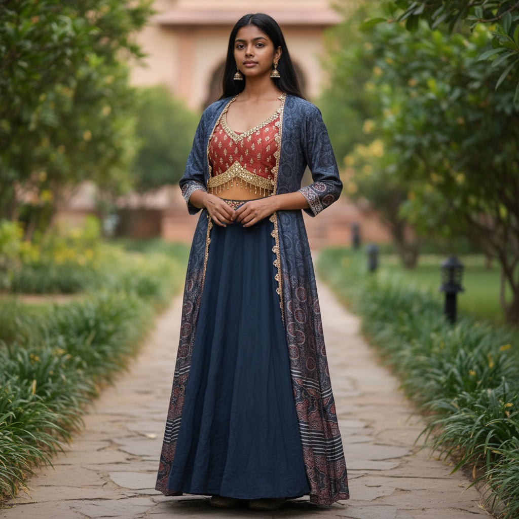 Ajrakh Print Long Jacket Lehenga Set