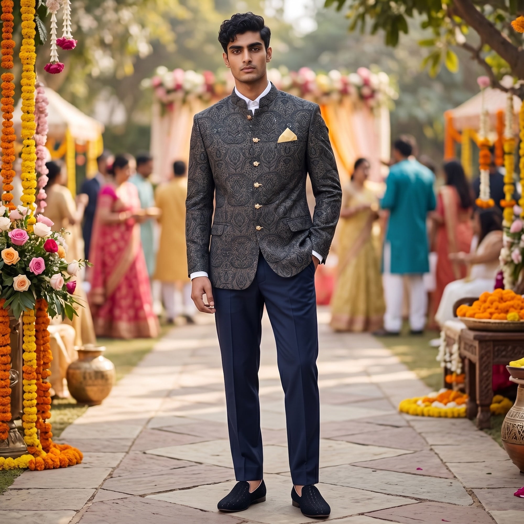 Ash Grey Metallic Embroidered Jodhpuri Jacket - Vintage India NYC