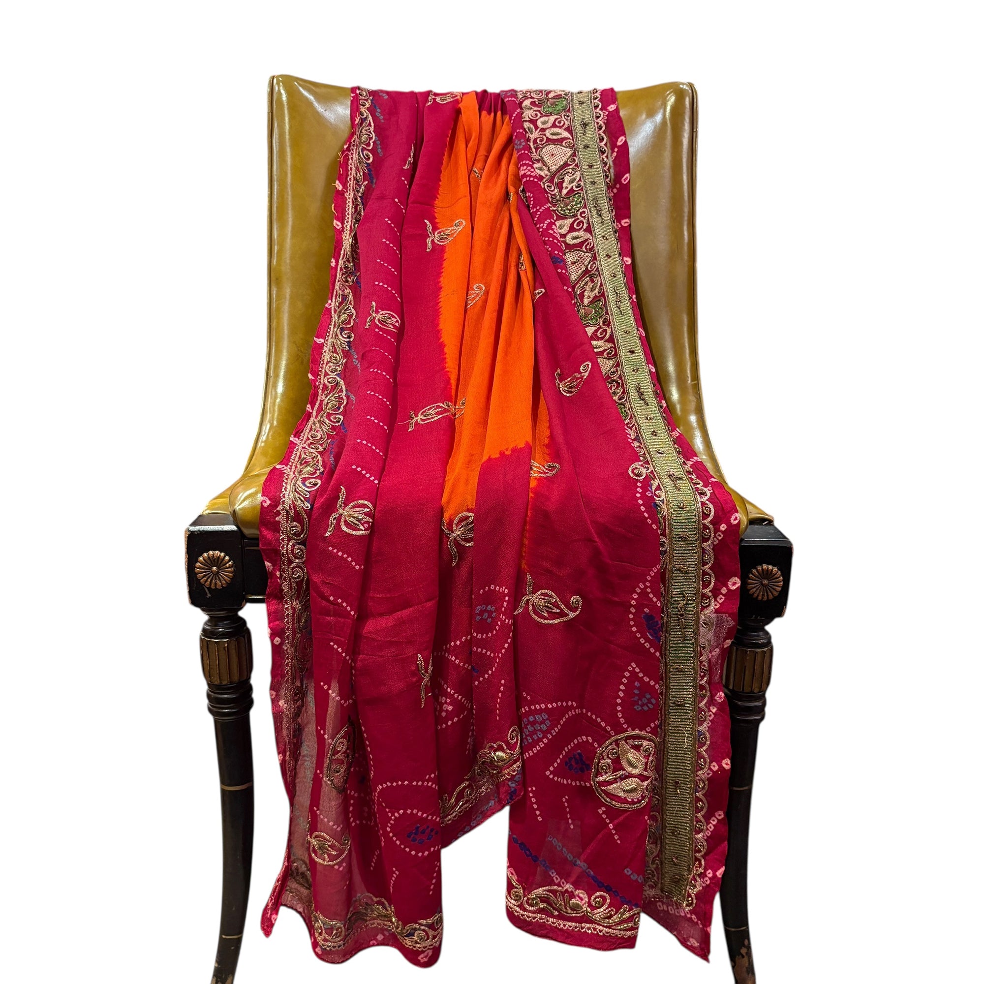 Red & Orange Bandhani Zari Embroidered Dupatta - Vintage India NYC