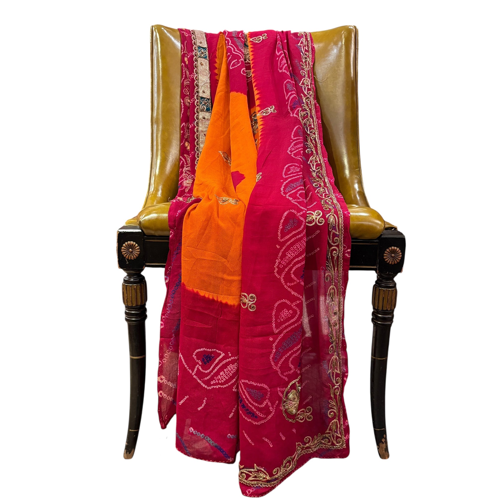 Red & Orange Bandhani Zari Embroidered Dupatta - Vintage India NYC