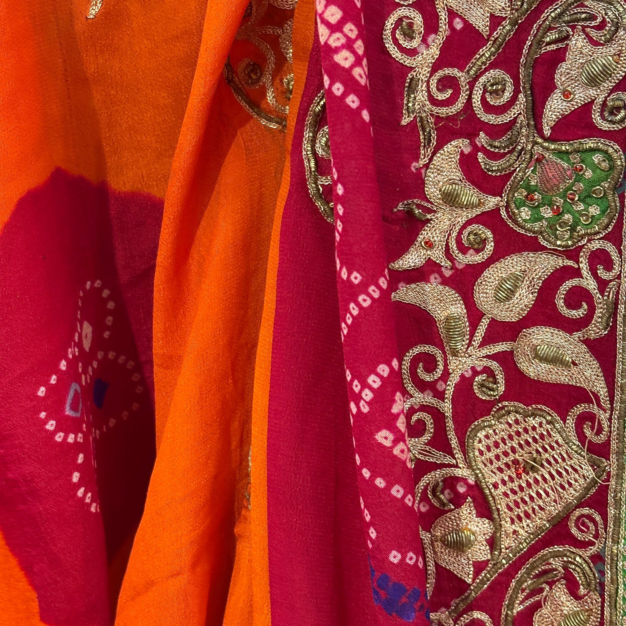 Red & Orange Bandhani Zari Embroidered Dupatta - Vintage India NYC